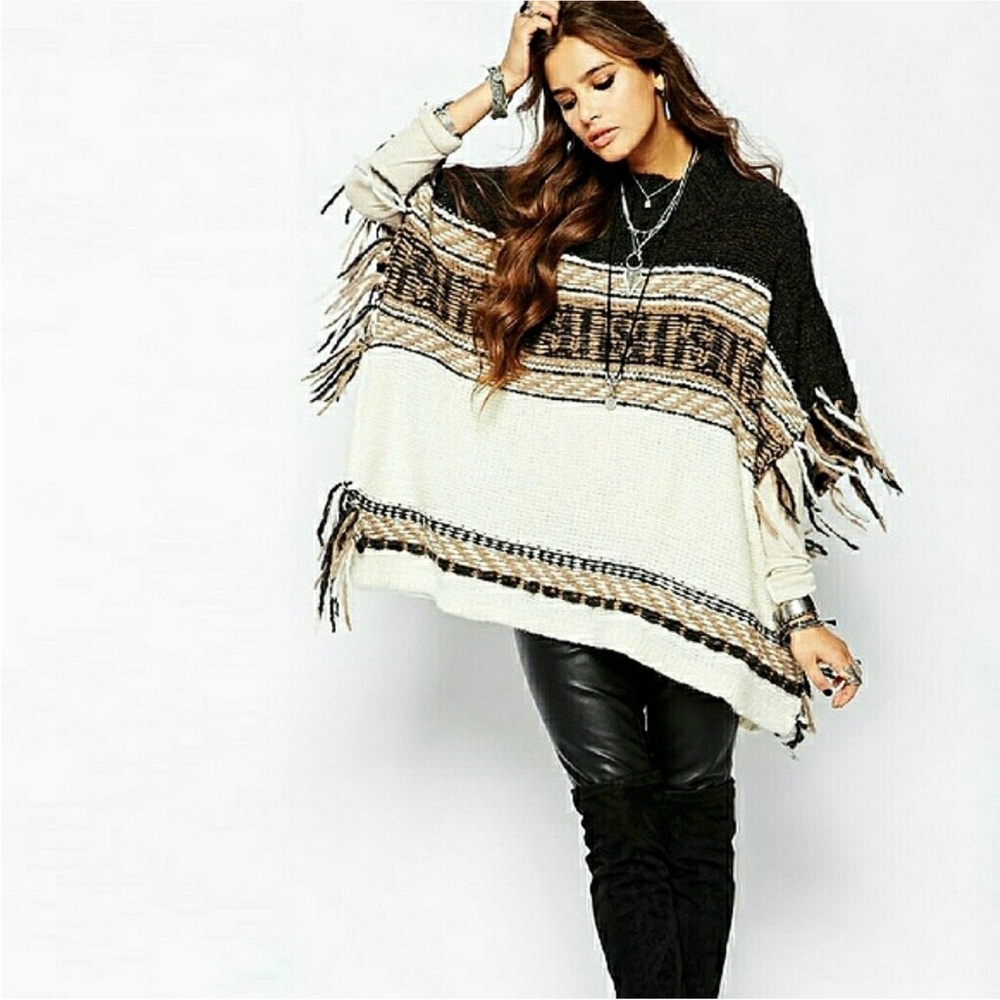 Free People Black and Cream Fringed Poncho